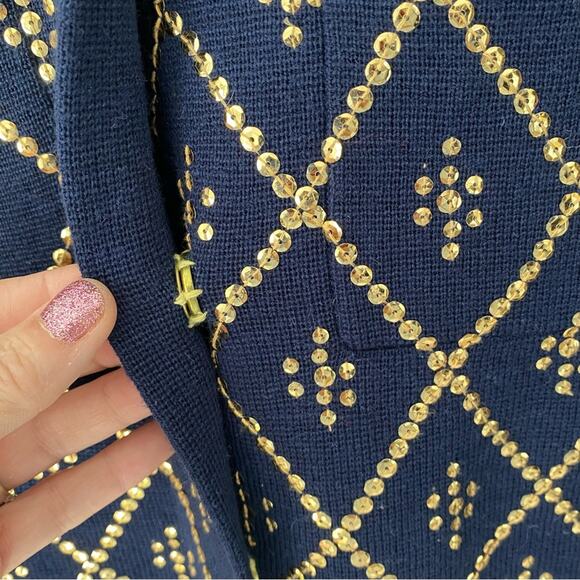 Manoush French Designer Navy Blue Gold Sequin Knit Sweater Jacket Blazer large - Picture 3 of 6